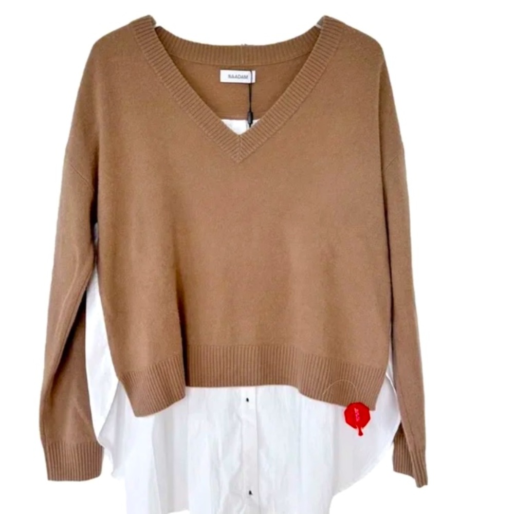 NAADAM Cashmere Mixed Media Tan White Pleated Back V Neck Sweater Size S NWT